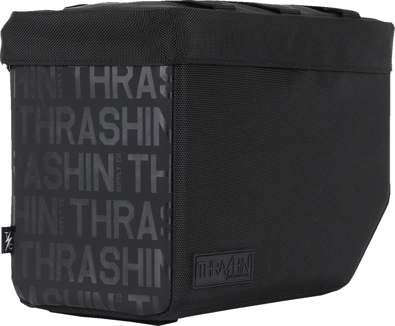 Black leather motorcycle saddlebags with silver buckles, THRASHIN SUPPLY CO. Essential Saddlebags 10L TSB-0020 attached to a motorcycle.