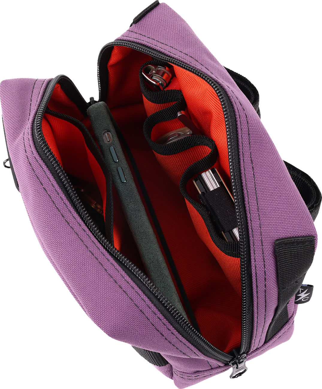 Purple THRASHIN SUPPLY CO. handlebar bag with adjustable straps, designed for bike handlebars and outdoor use.