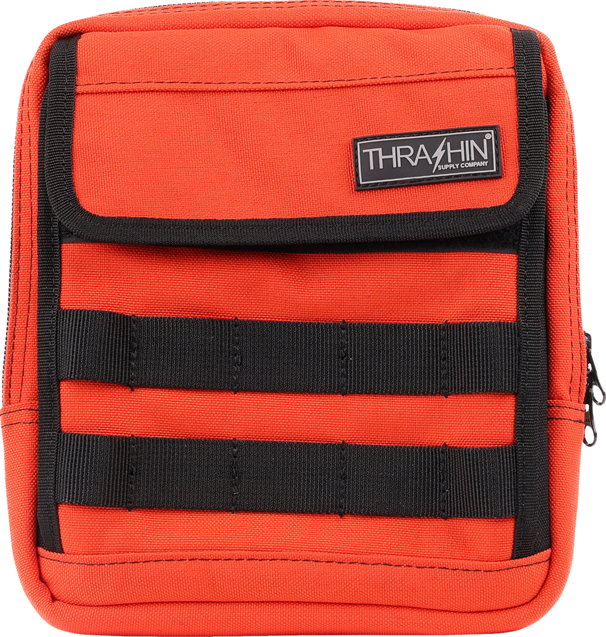 Orange THRASHIN SUPPLY CO. Handlebar Bag Slim (THB-0035) attached to a bicycle handlebar for storage.