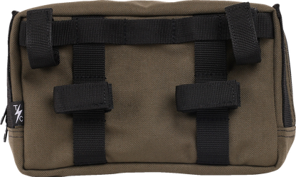 Green handlebar bag by THRASHIN SUPPLY CO. with adjustable straps and compact storage for cycling gear.