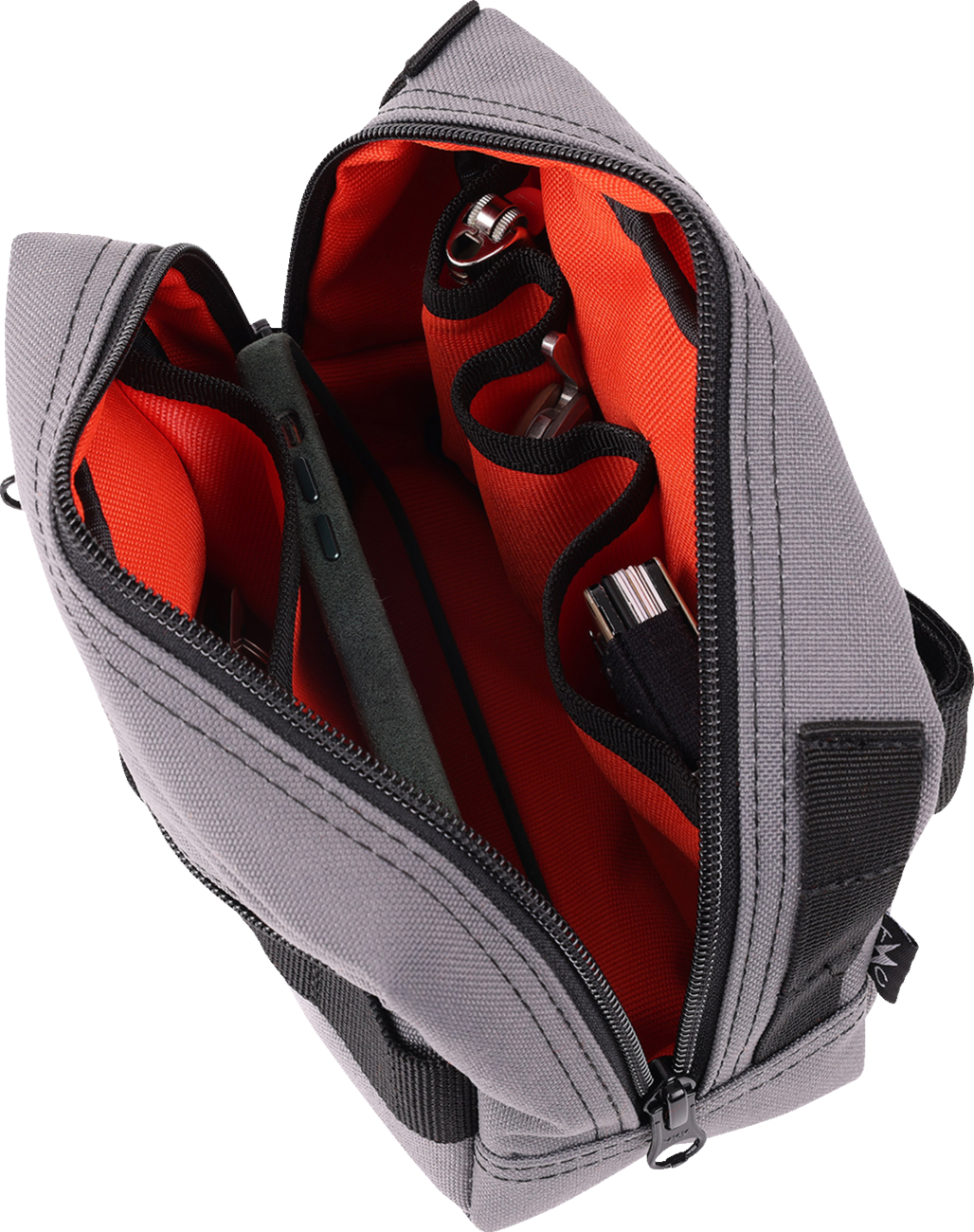 Gray handlebar bag by THRASHIN SUPPLY CO. with adjustable straps and zipper closure, designed for easy bike storage.