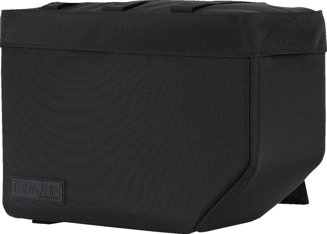 Black leather motorcycle saddlebags with THRASHIN SUPPLY CO. branding, 10-liter capacity, mounted on a cruiser bike.