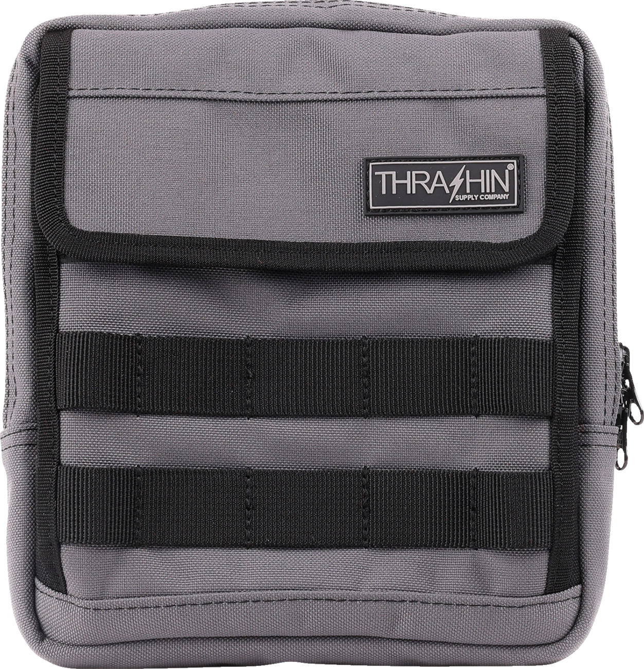 Gray THRASHIN SUPPLY CO. Handlebar Bag Slim attached to a bicycle handlebar, showcasing its compact design.