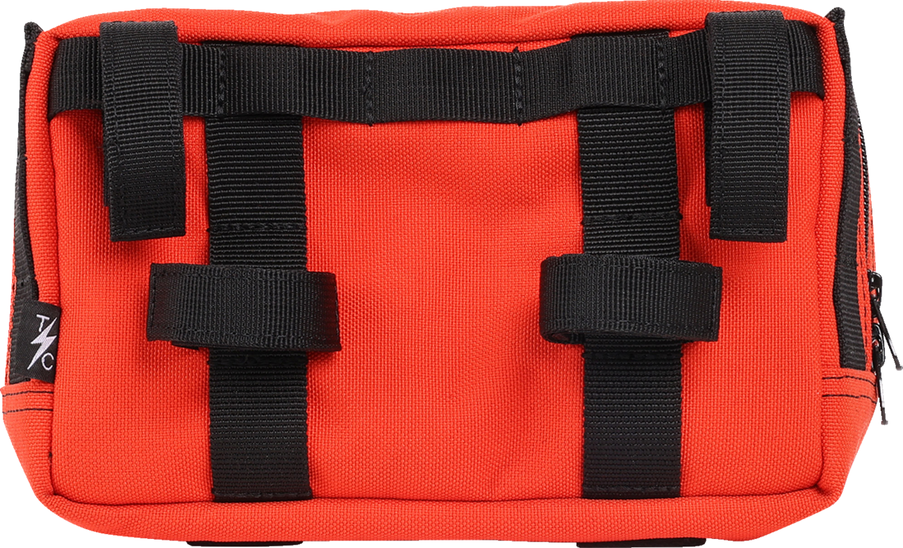 Orange handlebar bag from THRASHIN SUPPLY CO., model THB-0028, designed for bike handlebars with adjustable straps and compact storage space.