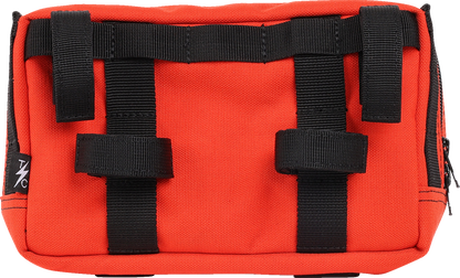 Orange handlebar bag from THRASHIN SUPPLY CO., model THB-0028, designed for bike handlebars with adjustable straps and compact storage space.