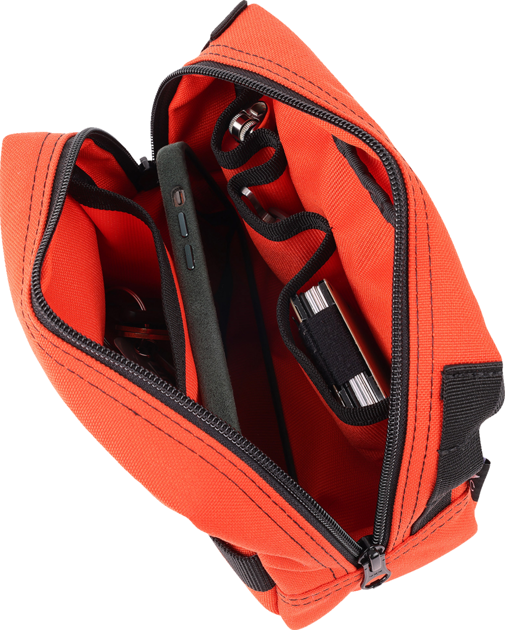 Orange handlebar bag from THRASHIN SUPPLY CO. with adjustable straps and compact design for cycling storage.
