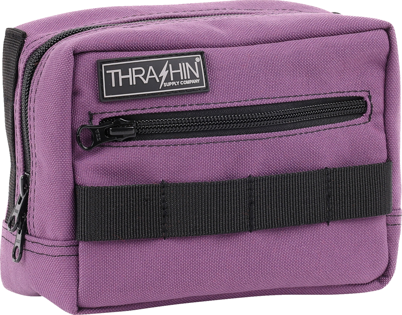 Purple handlebar bag from THRASHIN SUPPLY CO. with adjustable straps and compact design, perfect for bike storage.