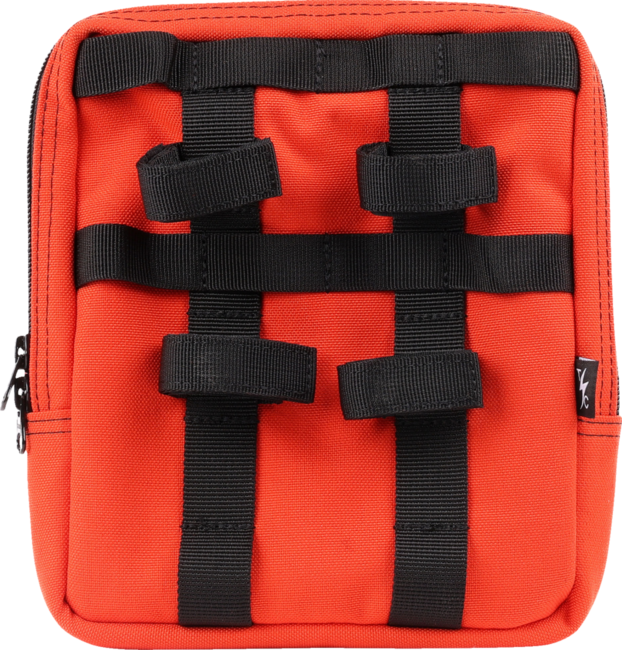 Orange THRASHIN SUPPLY CO. Handlebar Bag Slim (THB-0035) mounted on a bicycle handlebar, showing its compact design and secure strap system.