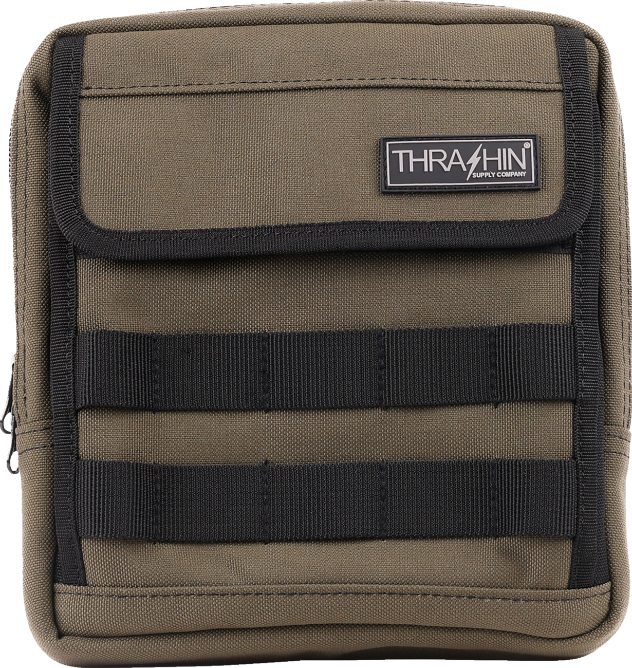 Green THRASHIN SUPPLY CO. Handlebar Bag Slim mounted on a bicycle handlebar, showcasing its compact design and adjustable straps.