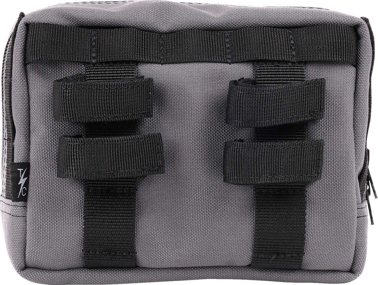 Gray handlebar bag by THRASHIN SUPPLY CO. with adjustable straps and compact design, suitable for bike storage.