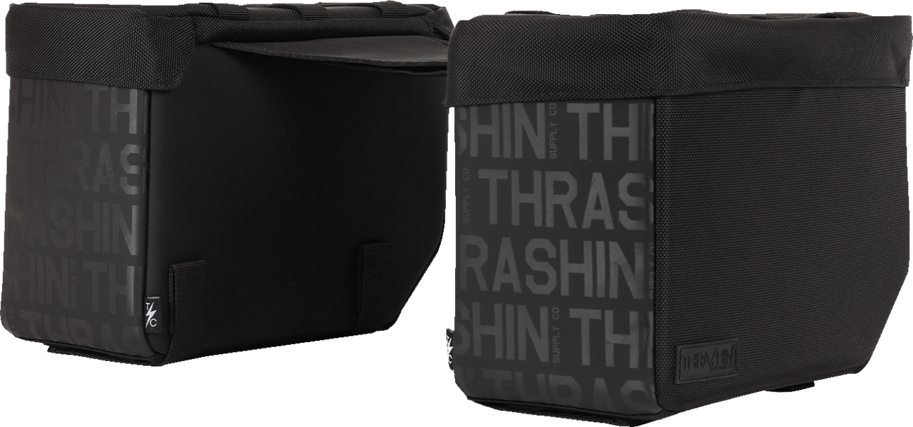 THRASHIN SUPPLY CO. Escape Base Saddlebags TSB-0021, 18L waterproof motorcycle storage bags attached to a motorcycle.