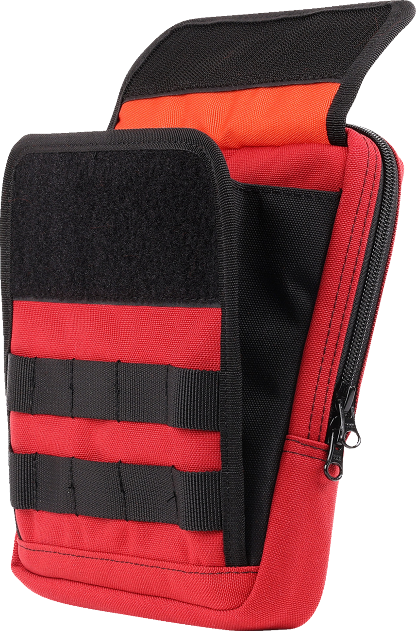 Red THRASHIN SUPPLY CO. Handlebar Bag Slim THB-0034 attached to a bicycle handlebar, showing its compact design and secure straps.