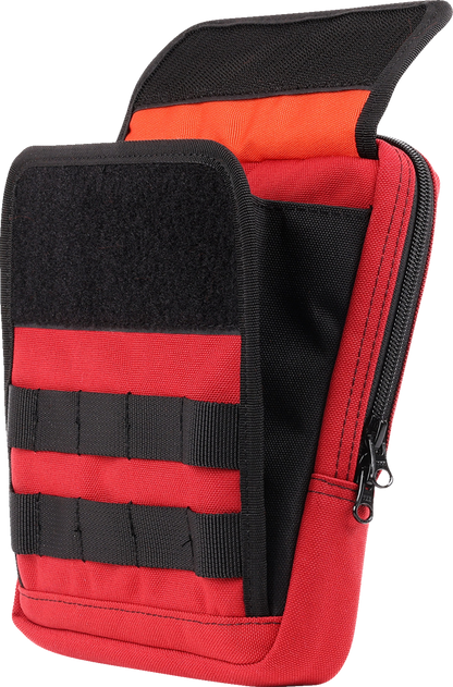 Red THRASHIN SUPPLY CO. Handlebar Bag Slim THB-0034 attached to a bicycle handlebar, showing its compact design and secure straps.