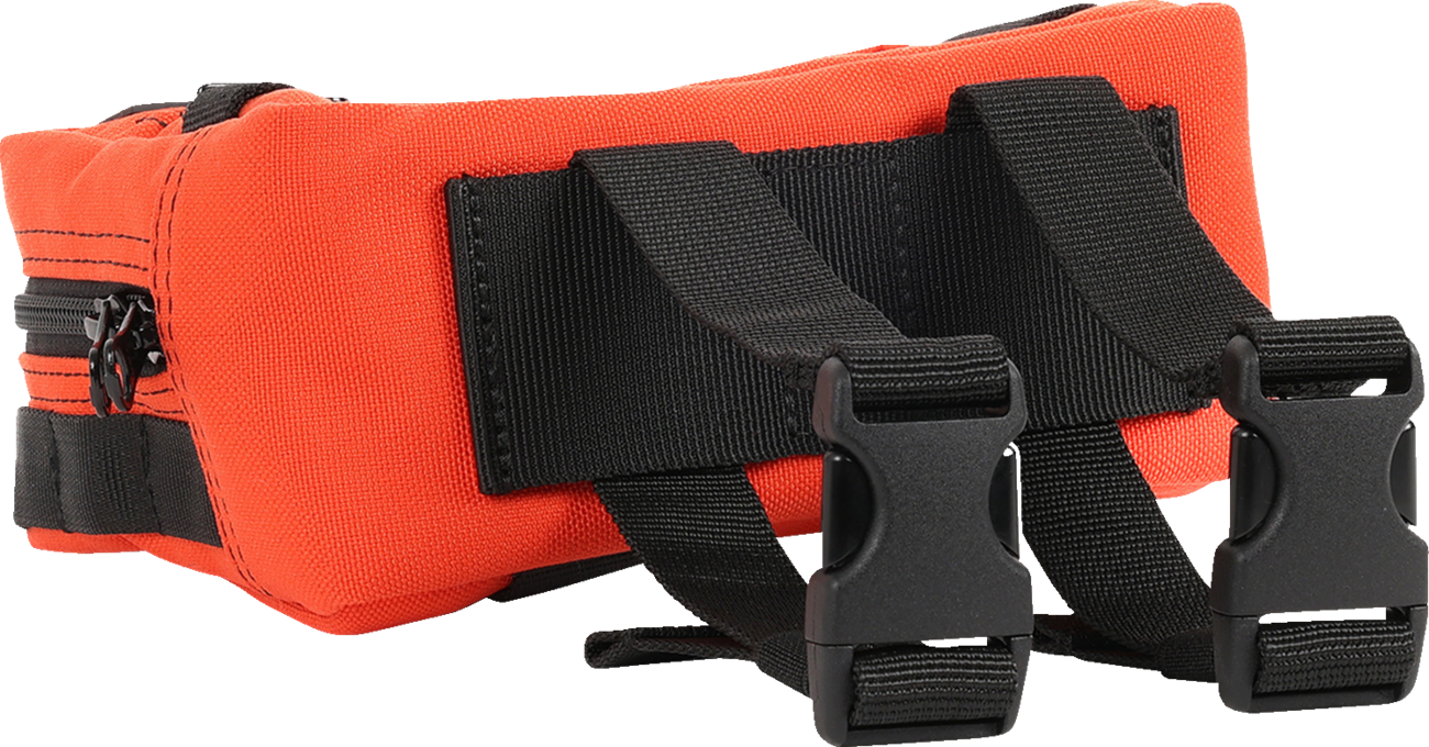 Orange handlebar bag by THRASHIN SUPPLY CO. with adjustable straps and compact design, mounted on a bicycle handlebar.