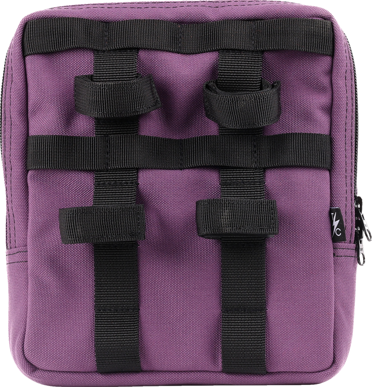 Purple THRASHIN SUPPLY CO. Handlebar Bag Slim attached to a bicycle handlebar, showcasing its compact design and secure strap system.