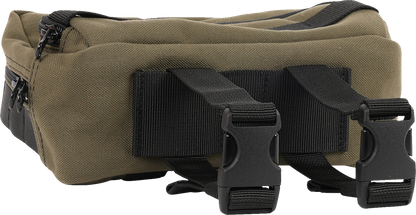 Green THRASHIN SUPPLY CO. Handlebar Bag Plus mounted on a bicycle handlebar, showcasing durable design and easy access storage.