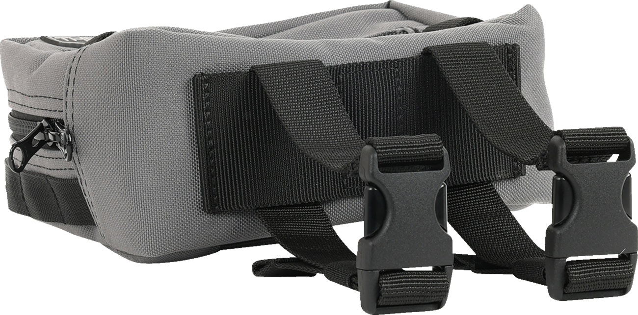 Gray handlebar bag by THRASHIN SUPPLY CO. with adjustable straps and compact storage for bike accessories.