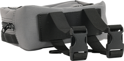 Gray handlebar bag by THRASHIN SUPPLY CO. with adjustable straps and compact storage for bike accessories.