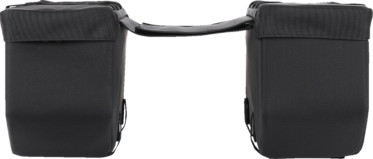 Black leather motorcycle saddlebags with straps and buckles, labeled THRASHIN SUPPLY CO. Essential Saddlebags, 10-liter capacity.