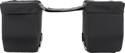 Black leather motorcycle saddlebags with straps and buckles, labeled THRASHIN SUPPLY CO. Essential Saddlebags, 10-liter capacity.