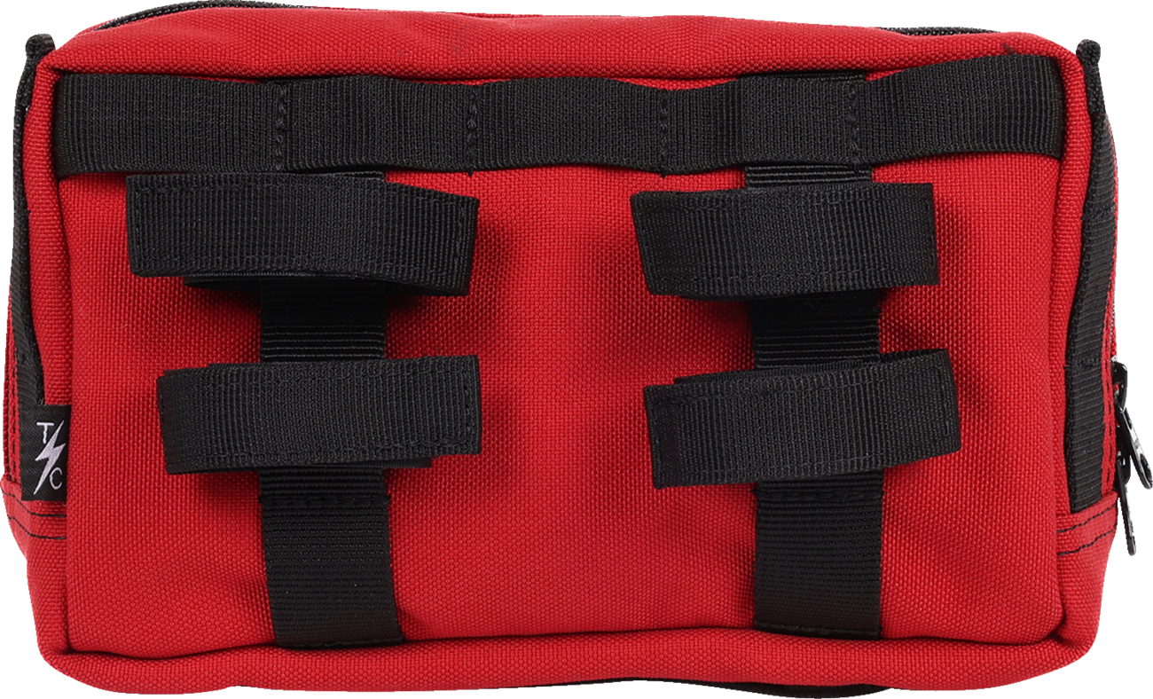 Red handlebar bag from THRASHIN SUPPLY CO. with adjustable straps and compact design, suitable for bike storage.