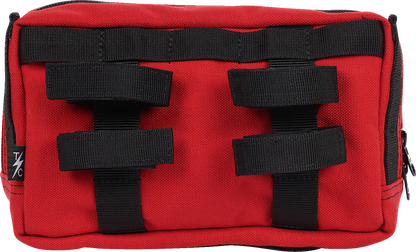 Red handlebar bag from THRASHIN SUPPLY CO. with adjustable straps and compact design, suitable for bike storage.