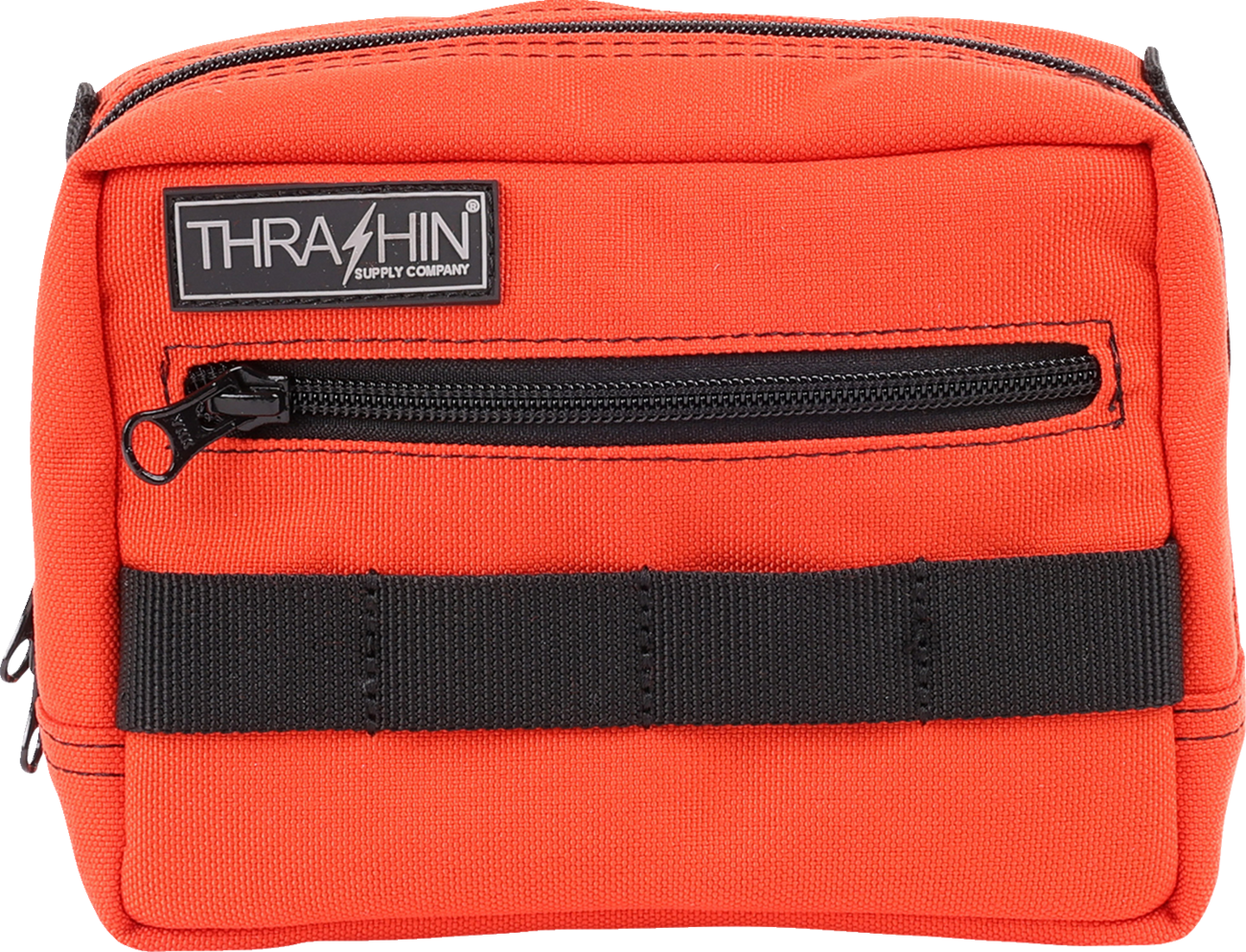 Orange handlebar bag by THRASHIN SUPPLY CO. with adjustable straps and compact design for bike storage.