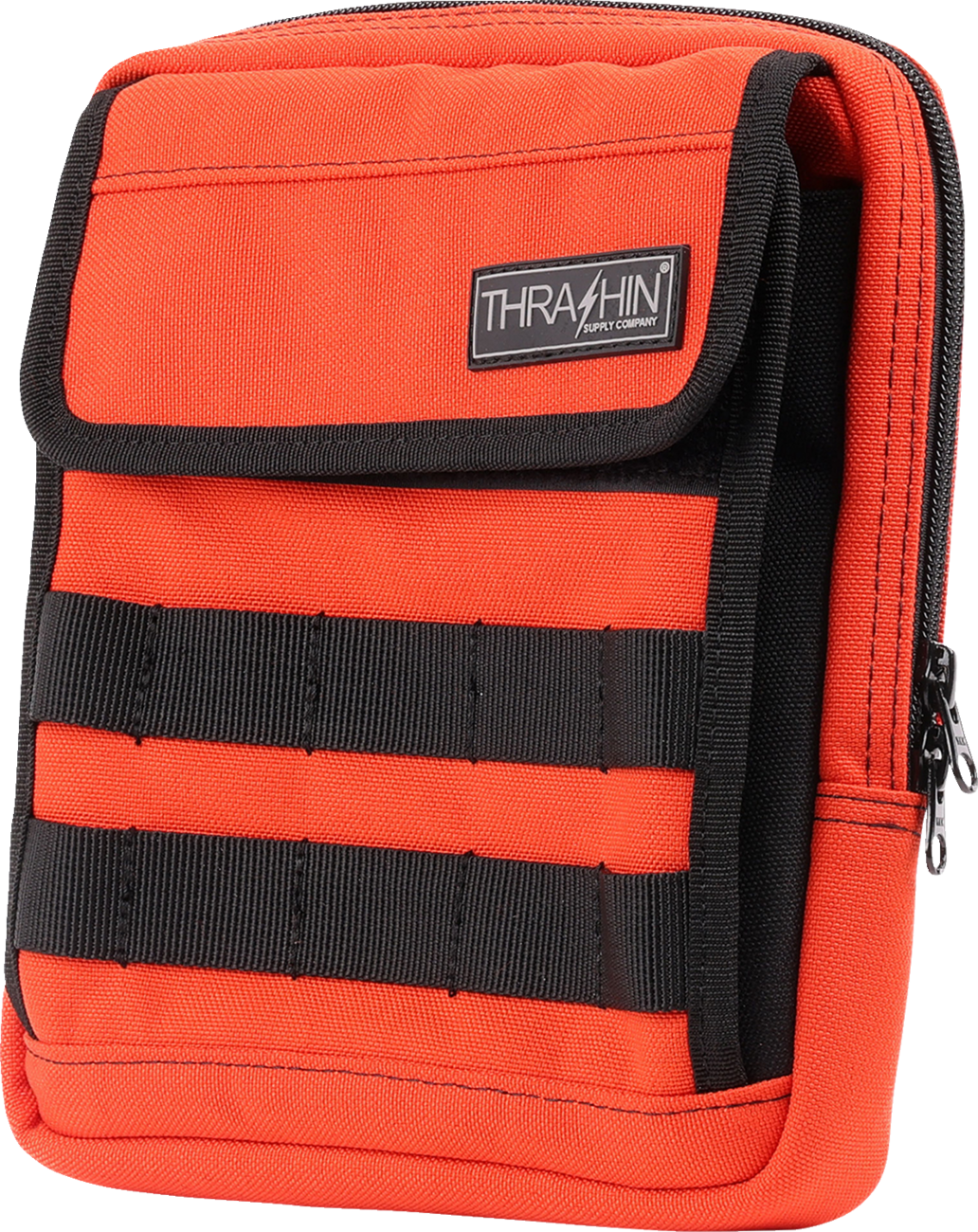 Orange Slim Handlebar Bag by THRASHIN SUPPLY CO. mounted on a bicycle handlebar for easy storage and quick access.