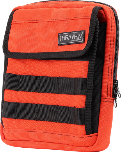 Orange Slim Handlebar Bag by THRASHIN SUPPLY CO. mounted on a bicycle handlebar for easy storage and quick access.