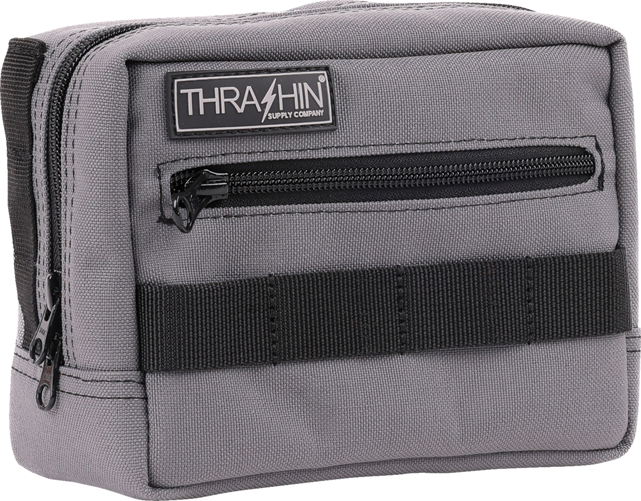 Gray THRASHIN SUPPLY CO. handlebar bag attached to a bicycle, showcasing durable design and compact storage solution.