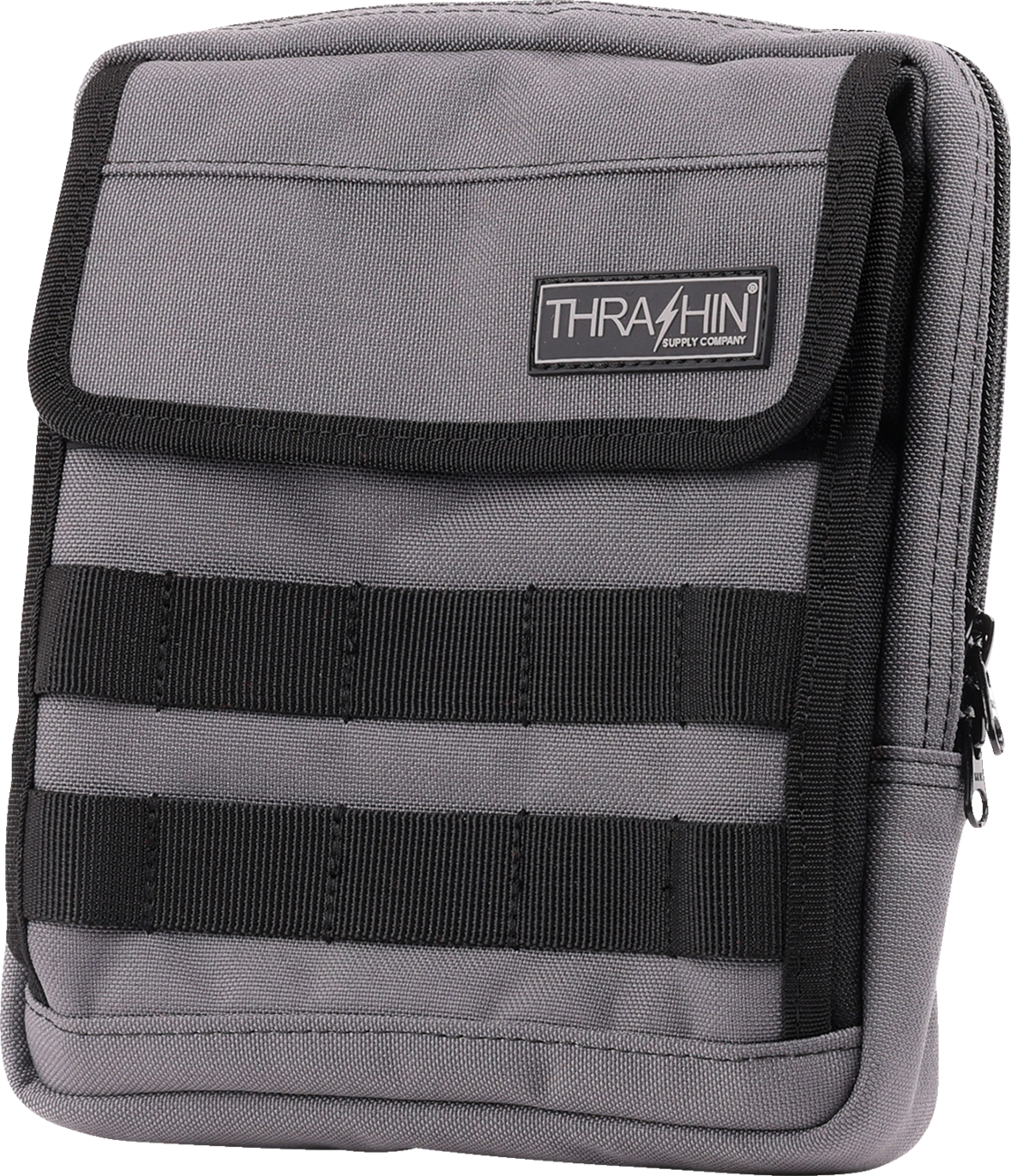 Gray THRASHIN SUPPLY CO. Handlebar Bag Slim mounted on bicycle handlebar, compact and sleek design for easy storage.
