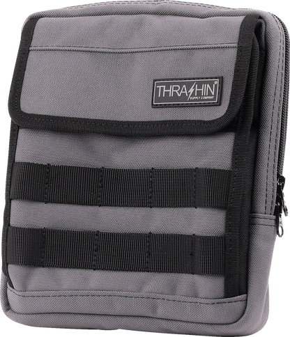 Gray THRASHIN SUPPLY CO. Handlebar Bag Slim mounted on bicycle handlebar, compact and sleek design for easy storage.