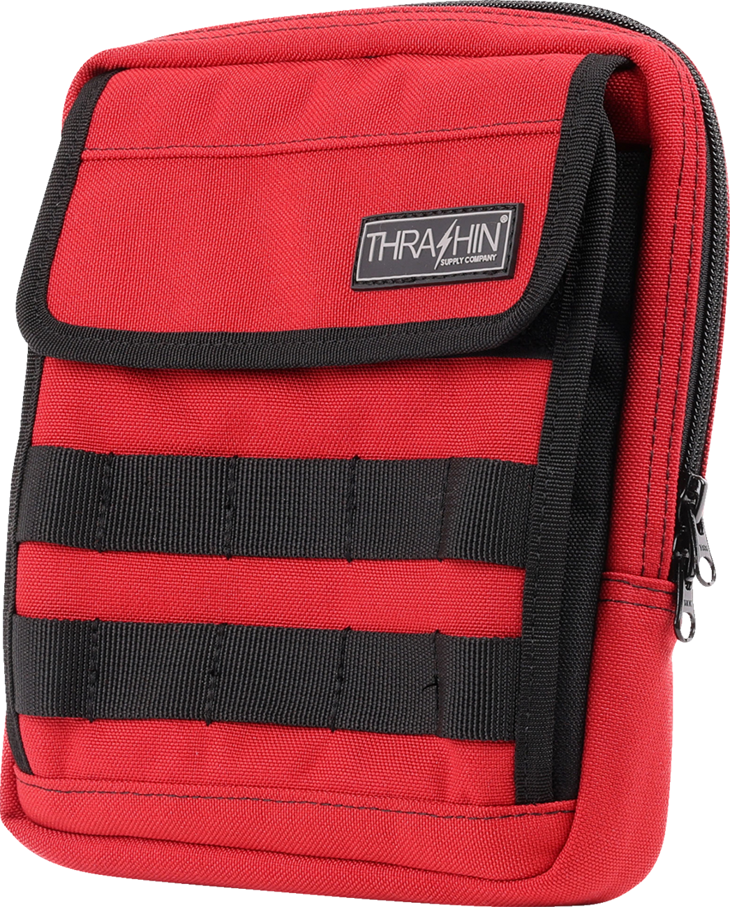 Red THRASHIN SUPPLY CO. Handlebar Bag Slim (THB-0034) mounted on a bicycle handlebar, compact and sleek for bike storage.