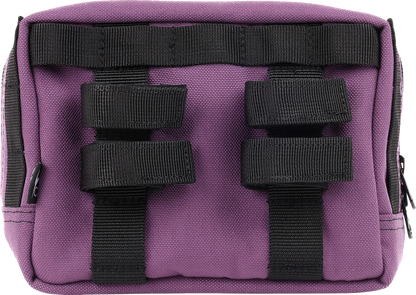 Purple handlebar bag from THRASHIN SUPPLY CO. with adjustable straps, designed for bike storage and easy access.