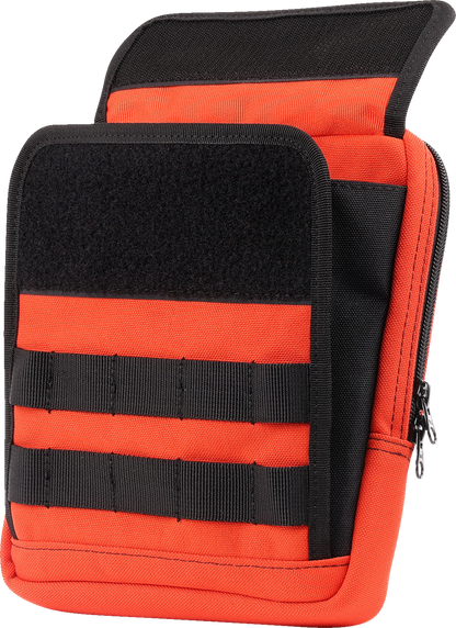 Orange Thrashin Supply Co. handlebar bag slim THB-0035 mounted on a bicycle handlebar, compact and lightweight for riding gear storage.