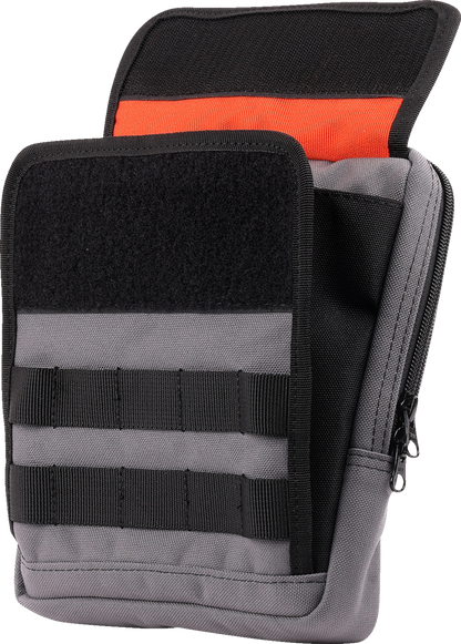 Gray THRASHIN SUPPLY CO. Handlebar Bag Slim attached to a bicycle handlebar, showcasing its compact design and durable material.