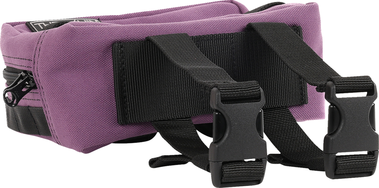 Purple THRASHIN SUPPLY CO. handlebar bag with adjustable straps and zipper closure, designed for bike handlebars.
