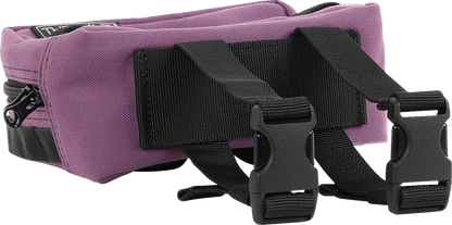 Purple THRASHIN SUPPLY CO. handlebar bag with adjustable straps and zipper closure, designed for bike handlebars.