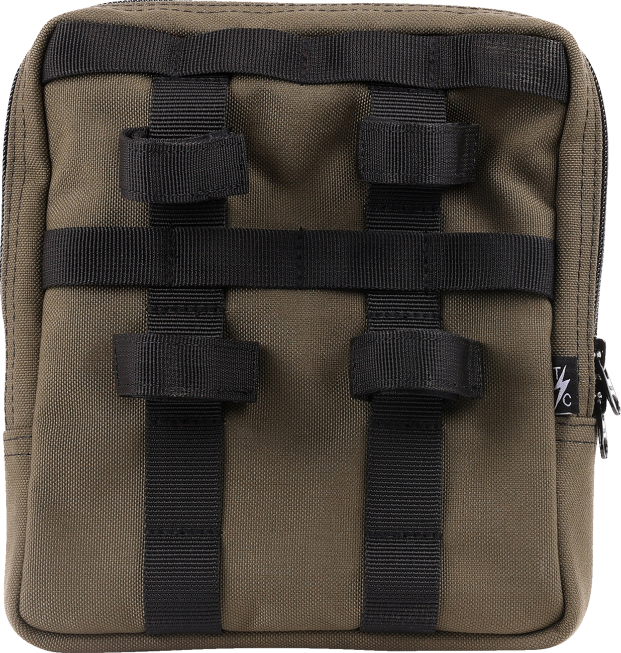 Green THRASHIN SUPPLY CO. Handlebar Bag Slim mounted on a bicycle handlebar, showcasing its compact design and secure strap system.