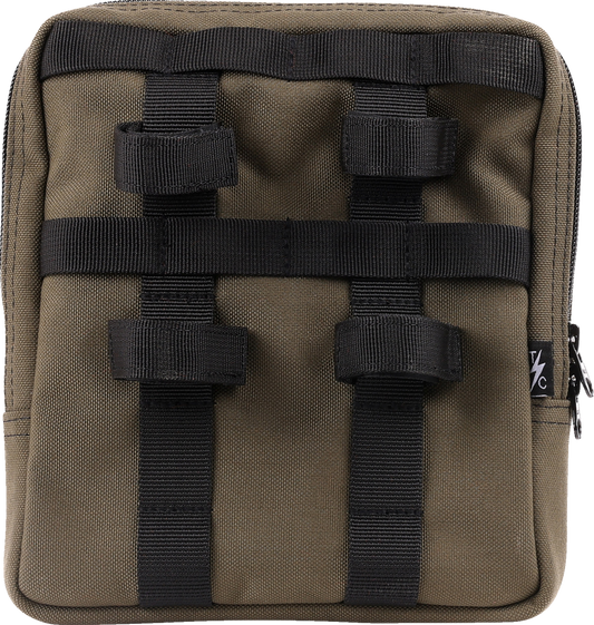 Green THRASHIN SUPPLY CO. Handlebar Bag Slim mounted on a bicycle handlebar, showcasing its compact design and secure strap system.