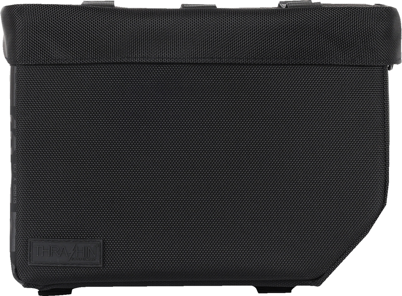 Waterproof THRASHIN SUPPLY CO. Escape Base Saddlebags TSB-0021 on motorcycle, 18-liter storage with secure straps and durable design.
