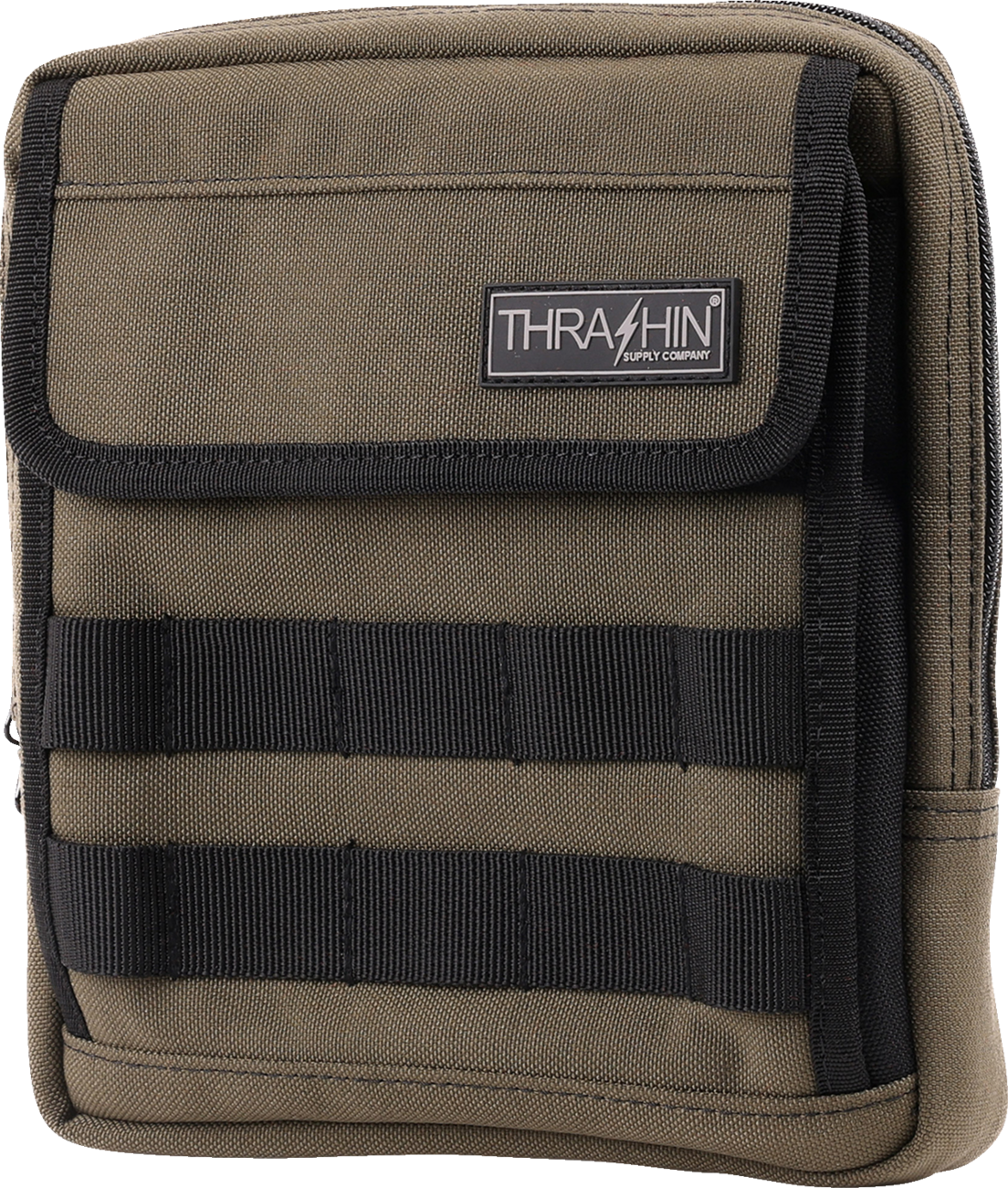 Green THRASHIN SUPPLY CO. Handlebar Bag Slim attached to a bicycle handlebar, compact and lightweight for cycling essentials.