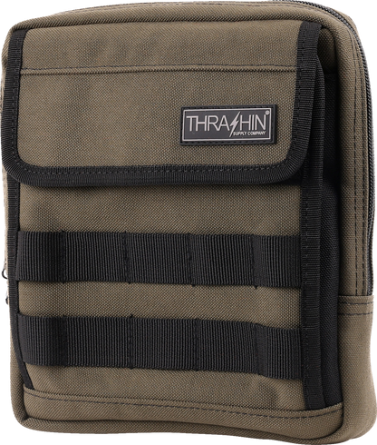 Green THRASHIN SUPPLY CO. Handlebar Bag Slim attached to a bicycle handlebar, compact and lightweight for cycling essentials.