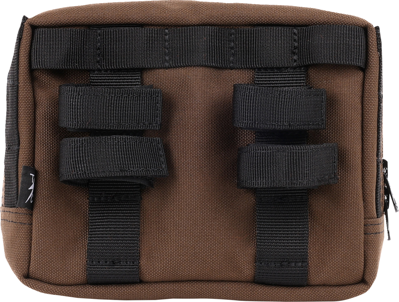 Brown THRASHIN SUPPLY CO. handlebar bag with MOLLE webbing and multiple attachment points for bikes.
