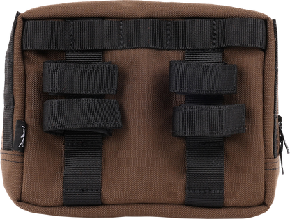 Brown THRASHIN SUPPLY CO. handlebar bag with MOLLE webbing and multiple attachment points for bikes.