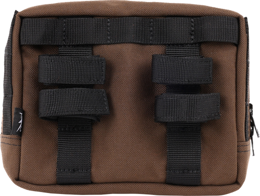 Brown THRASHIN SUPPLY CO. handlebar bag with MOLLE webbing and multiple attachment points for bikes.