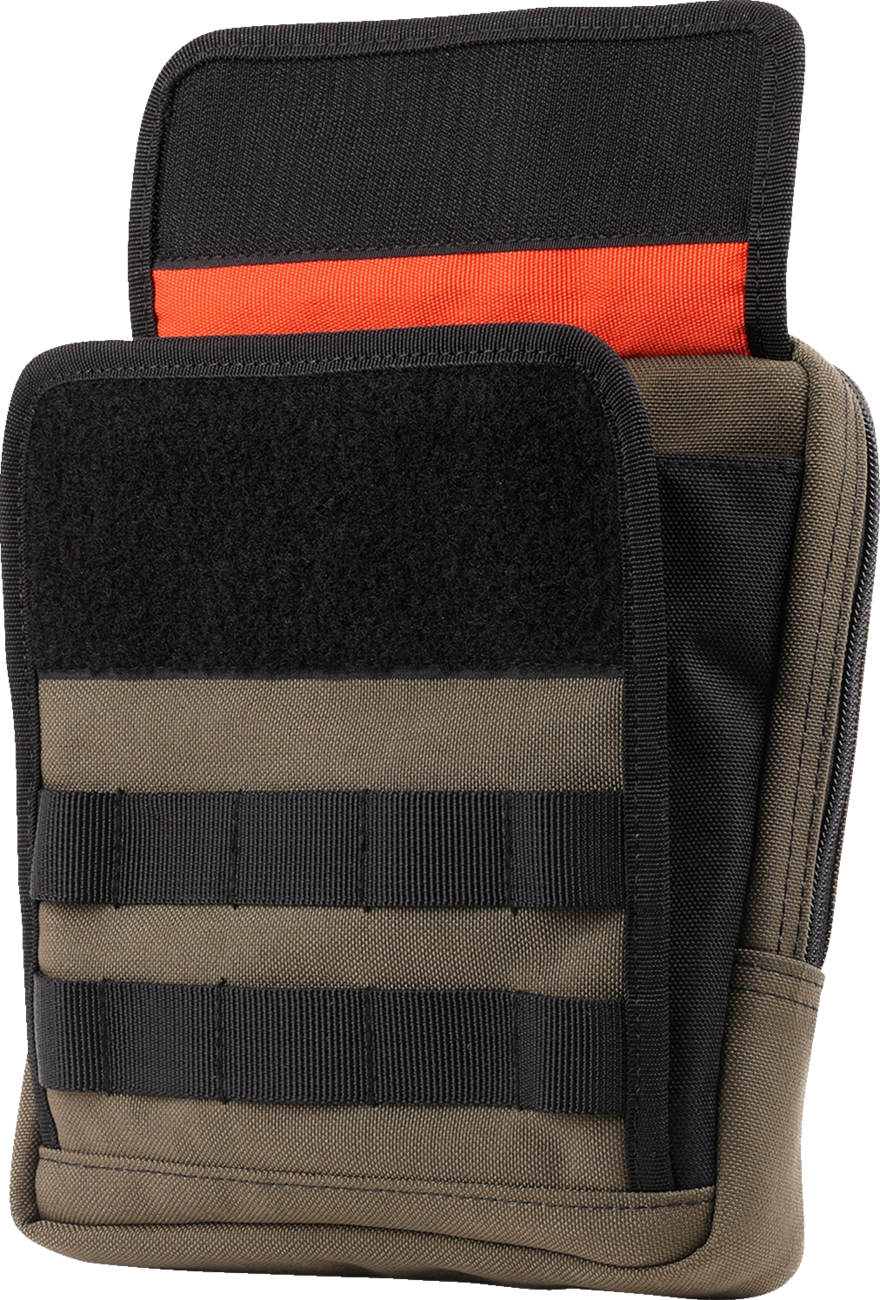 Green THRASHIN SUPPLY CO. Handlebar Bag Slim (Part #THB-0031) mounted on a bicycle handlebar, compact and lightweight design.