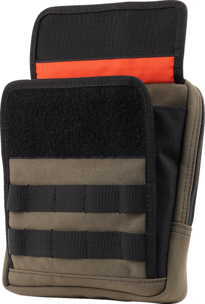 Green THRASHIN SUPPLY CO. Handlebar Bag Slim (Part #THB-0031) mounted on a bicycle handlebar, compact and lightweight design.