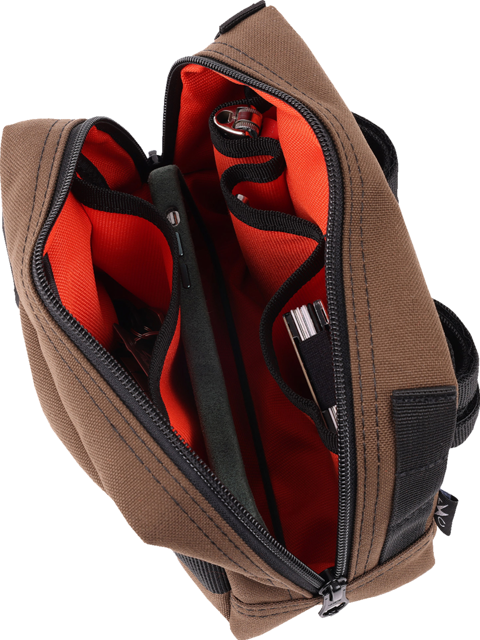 Brown THRASHIN SUPPLY CO. handlebar bag with MOLLE webbing and attachment points, designed for cycling and outdoor adventures.