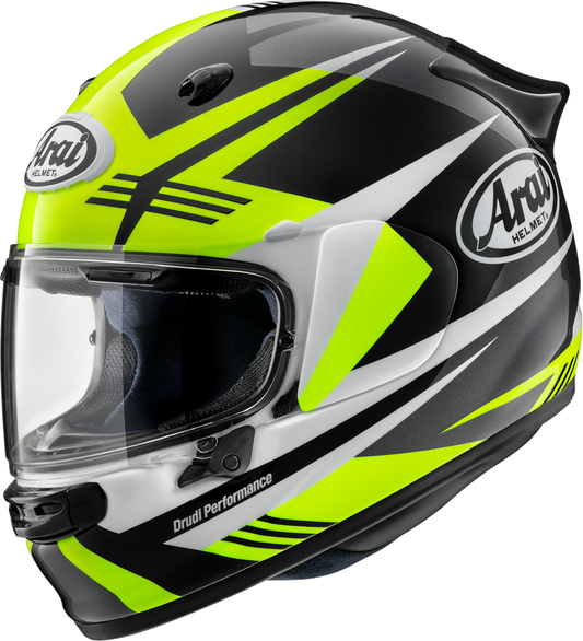 Arai Helmet Contour-X helmet in Mark Yellow with integrated duct and aerodynamic spoiler, size XS, shown from side view.